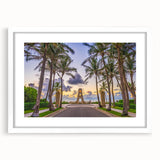 Abstract art print of Palm Beach with vibrant blue and pink tones on a framed white mat, ideal for dining room decor.