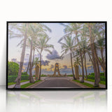 Large abstract wall art depicting Florida's Palm Beach in mid-century modernist style with muted colors on a framed acrylic.