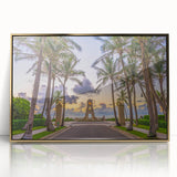 Mid-century modernist art of Palm Beach scenery in gold and blue tones on an acrylic framed print.