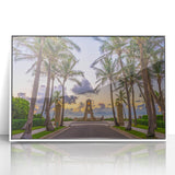 Art deco poster of Palm Beach scenery in muted pastel shades, framed acrylic, ideal for nursery wall art.