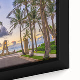 Extra large framed canvas of a black textured art piece featuring colorful Palm Beach scenery, ideal for living room decor.