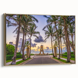 Framed canvas of a vintage-style Florida Palm Beach landscape painting in muted gold and black tones.