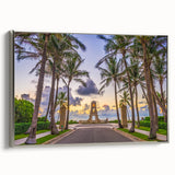 Landscape art painting of Florida's Palm Beach with vintage poster style in colorful hues on a framed canvas.