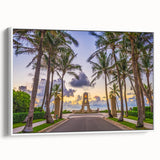 Vintage poster art of Palm Beach with colorful accents on a large framed canvas, ideal for living room decor.