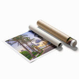 Extra large rolled print of Palm Beach scenery with vibrant floral elements, ideal for classy bathroom wall art.