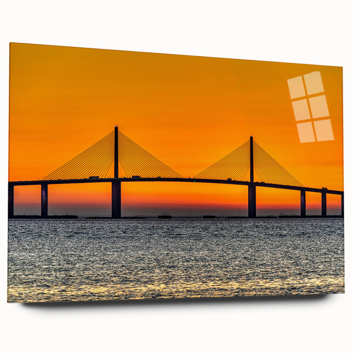 Acrylic print of a large abstract depiction of Tampa skyline in muted blue and green shades.