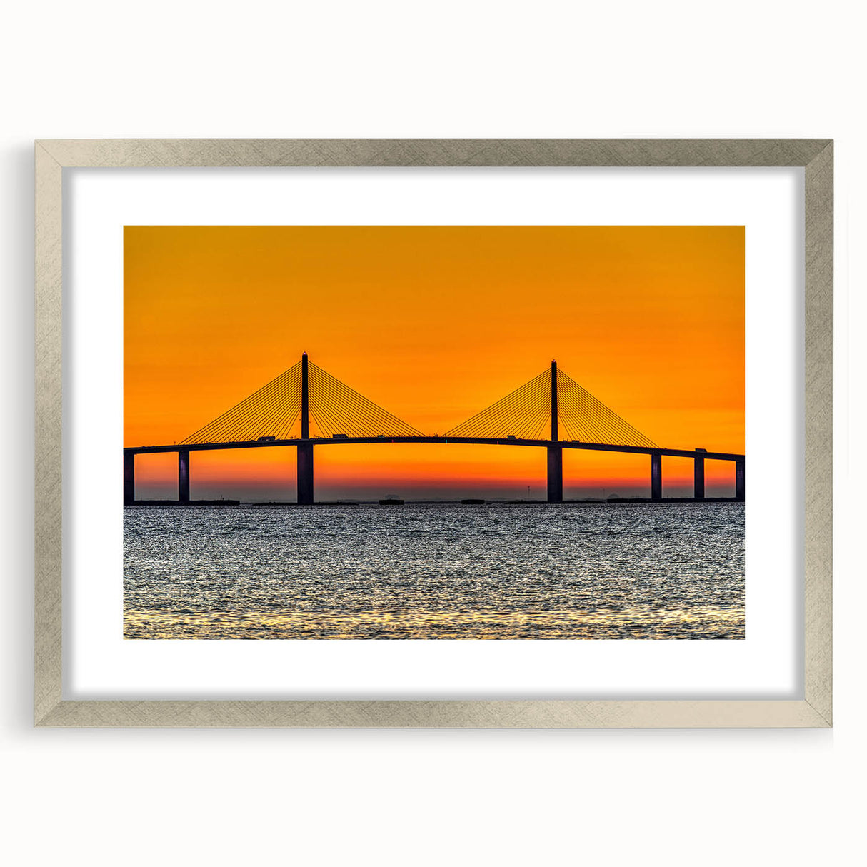 Textured abstract art print of Tampa scenery in silver frame, ideal for bedroom wall art.