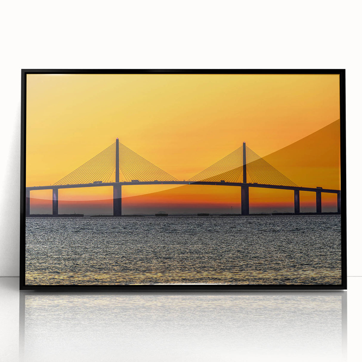 Large abstract wall art of Tampa skyline in muted gray and blue tones on framed acrylic, ideal for modern living room decor.