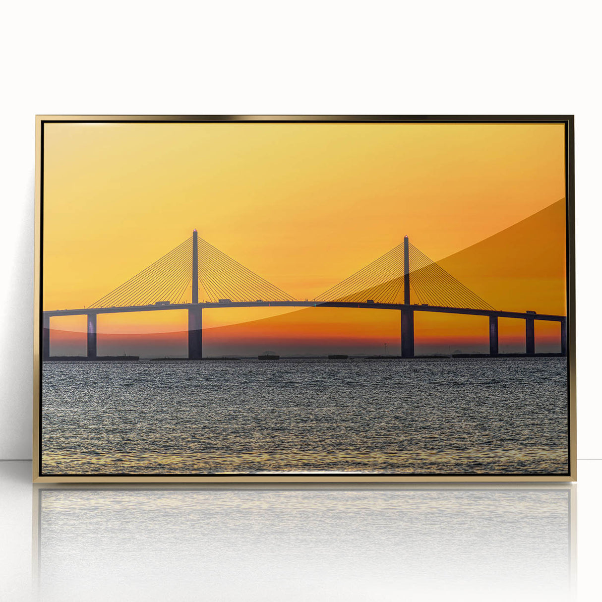 Framed acrylic print of Tampa skyline in muted gold and blue tones, ideal for modern art wall decor.