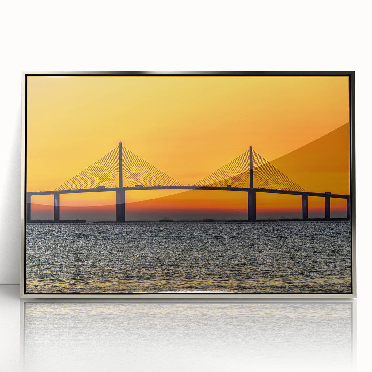 Mid-century modernist art depicting the Tampa skyline, rendered in muted gray and blue tones on a framed acrylic print.