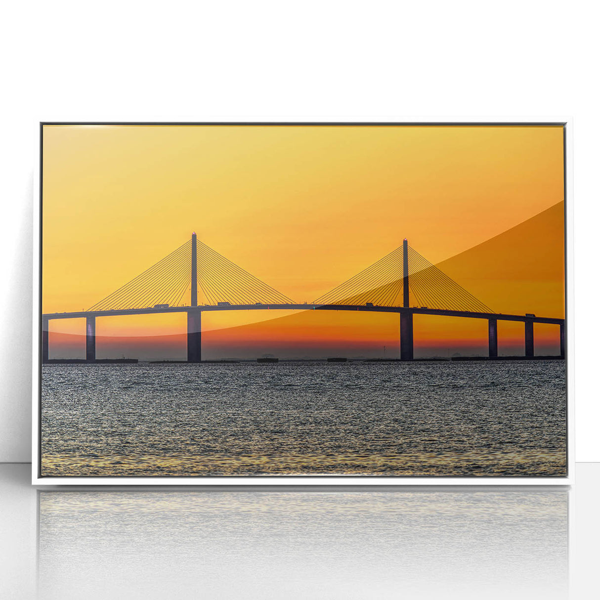 Art Deco poster of Tampa skyline in muted blue and white tones on framed acrylic, suitable for modern art wall decor.
