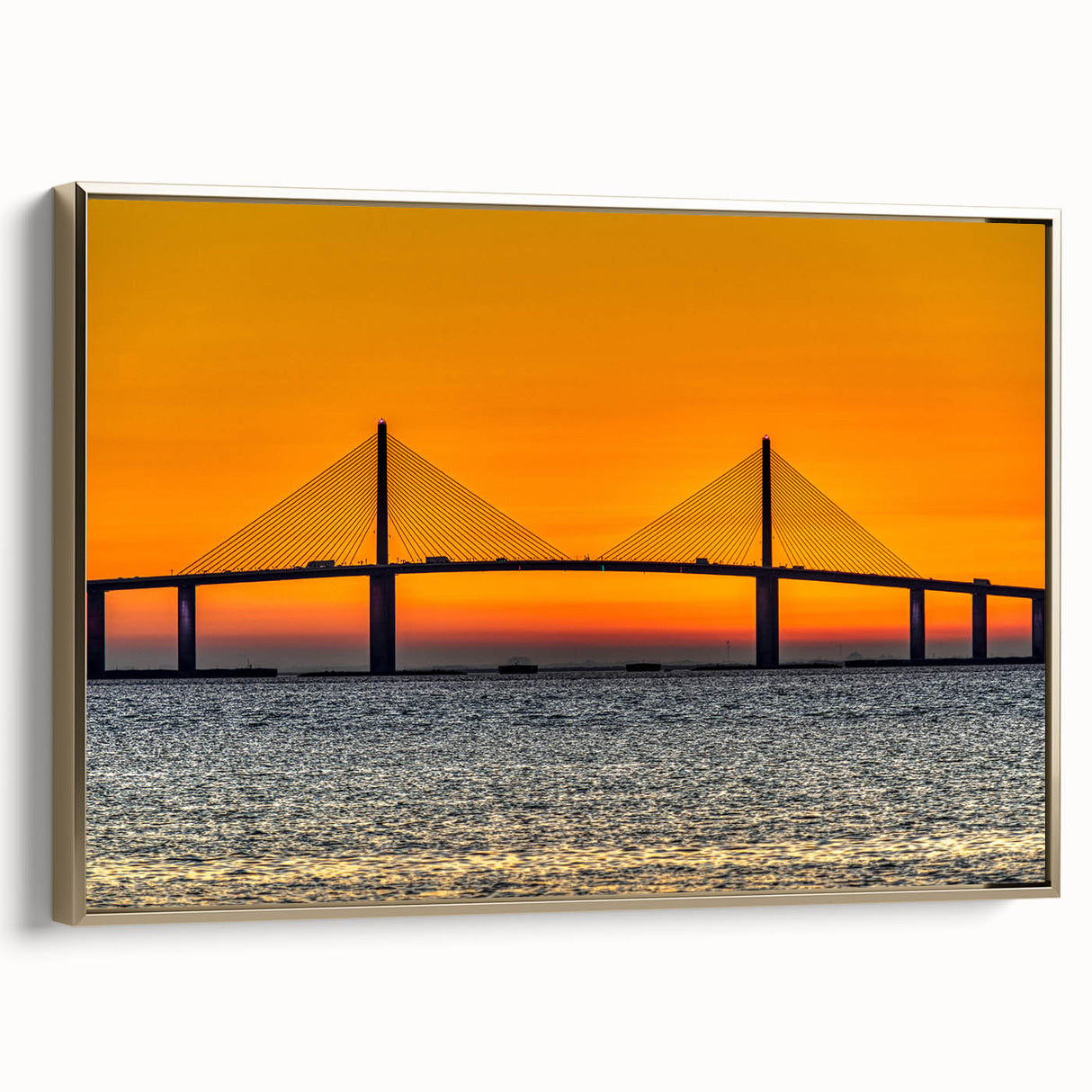 Framed canvas of Tampa landscape in vintage poster style, featuring black and gold tones, ideal for bedroom wall art.