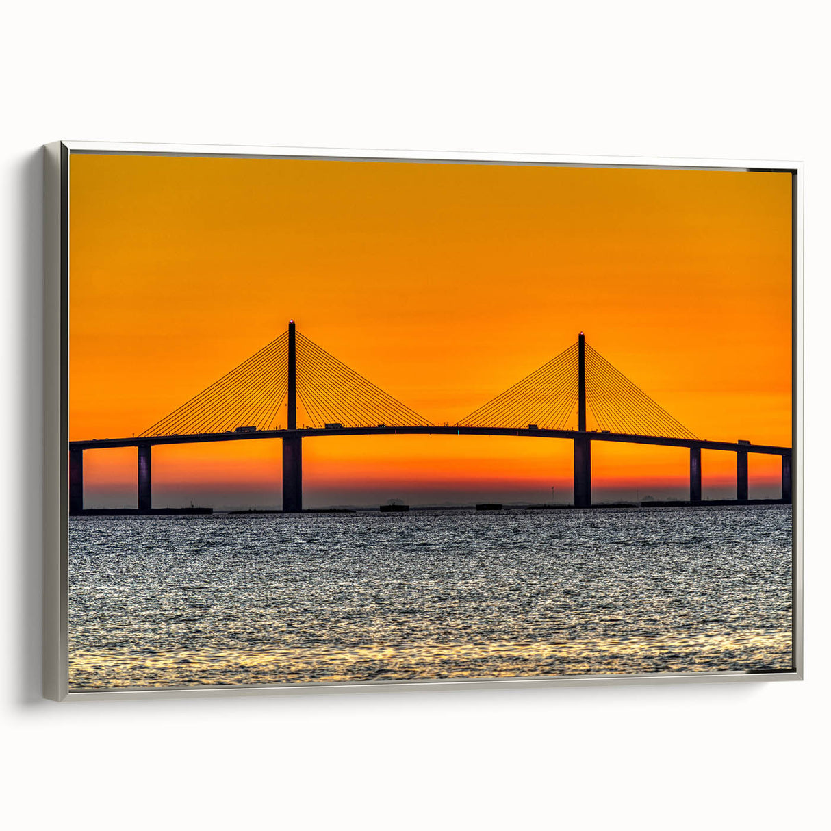 Framed canvas of Tampa landscape in vintage poster style with colorful art on black background, suitable for office decor.