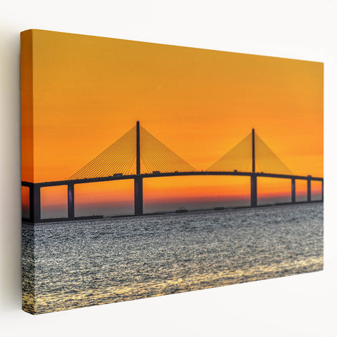 Panoramic view of Tampa skyline in muted blue and grey tones on a large stretched canvas, suitable for kitchen wall art.