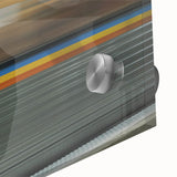 Large abstract depiction of the Atlanta skyline in muted gray and blue on acrylic glass, suited for dining room art.