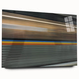 Acrylic print of the Atlanta skyline in muted gray and blue tones, suitable for bedroom or dining room decor.