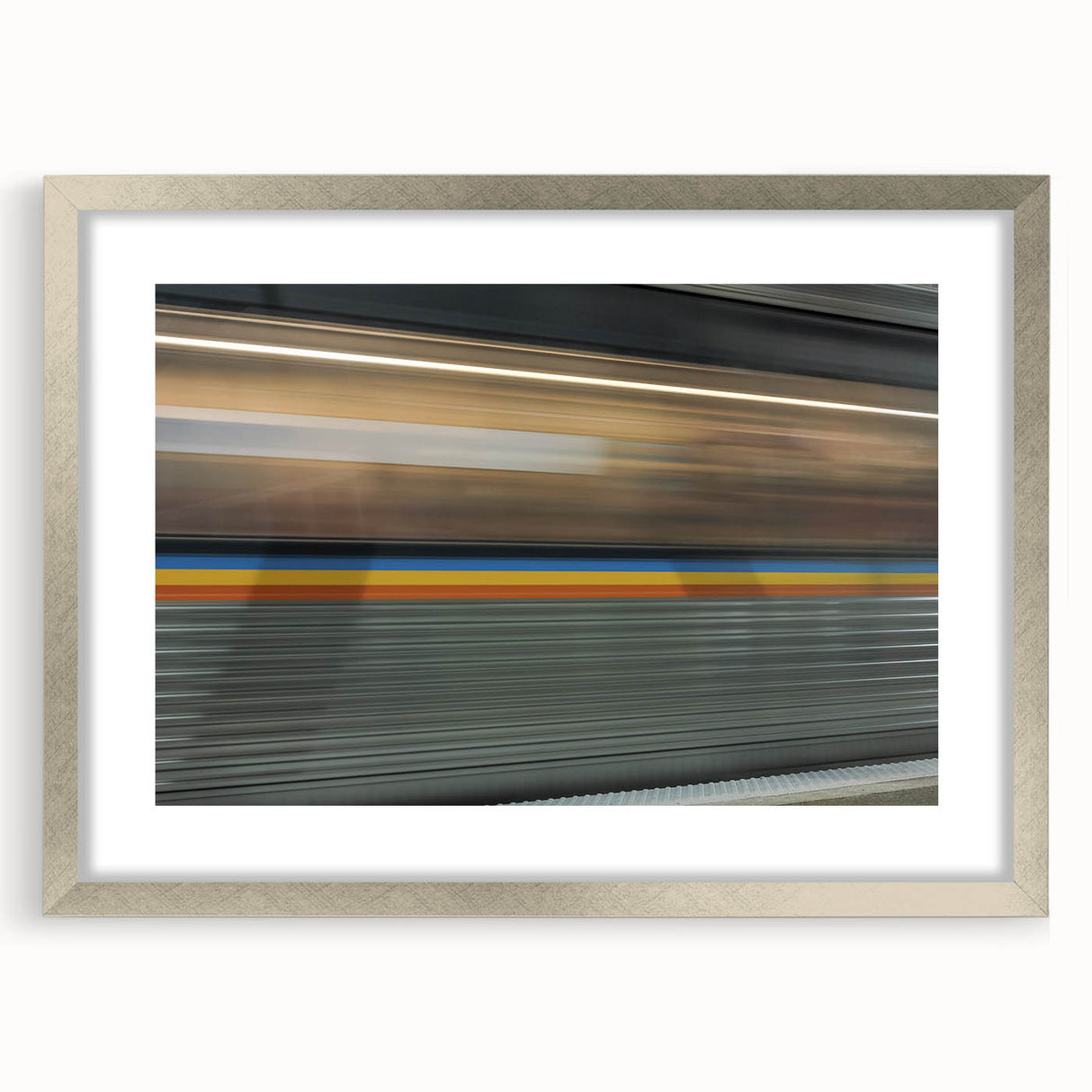 Textured abstract art print of Atlanta skyline in muted gray tones on a framed silver mat, suitable for bedroom decor.