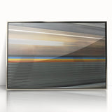 Mid-century modernist art of Atlanta skyline in muted gray and blue tones on a silver-framed acrylic print.