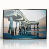 Mid-century modernist art of Savannah skyline with muted blue and silver hues on framed acrylic.