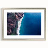 Textured abstract art print depicting a serene Kauai scenery in muted green and blue tones, framed in silver.