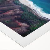 Art deco poster of Kauai, Hawaii scenery in muted green and blue tones on rolled canvas, suitable for dining room wall art.