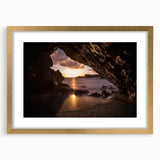 Extra large abstract art print depicting a textured Maui scenery in gold frame, ideal for living room decor.