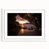 Abstract art print of a Maui landscape in muted green and blue tones on a white framed canvas, ideal for dining room decor.