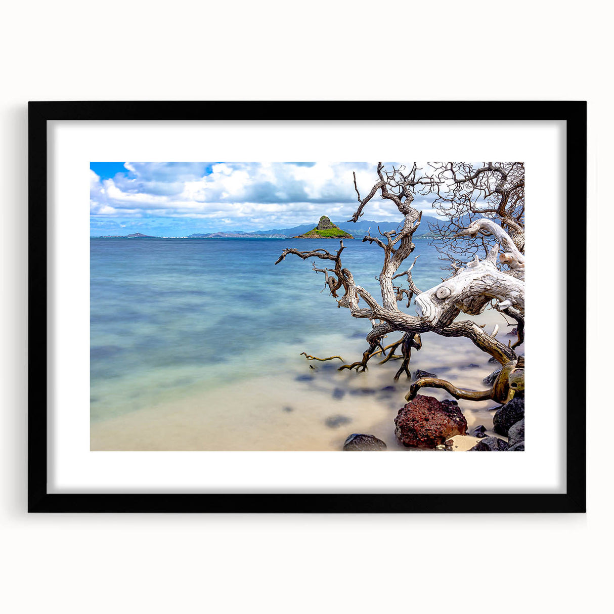 Extra large abstract art print featuring a colorful, textured depiction of Oahu, Hawaii, in a black frame.