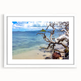 Abstract art print of Oahu, Hawaii, featuring vibrant blue and green tones on a framed white canvas.
