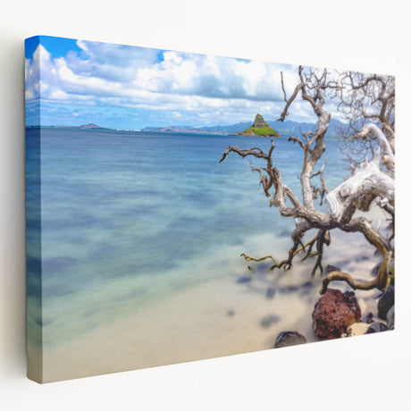Panoramic view of Oahu coastline in muted blue and green tones on a stretched canvas, suitable for kitchen wall art.