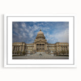 Abstract art print of Idaho scenery in muted earth tones on a white framed mat, ideal for dining room decor.