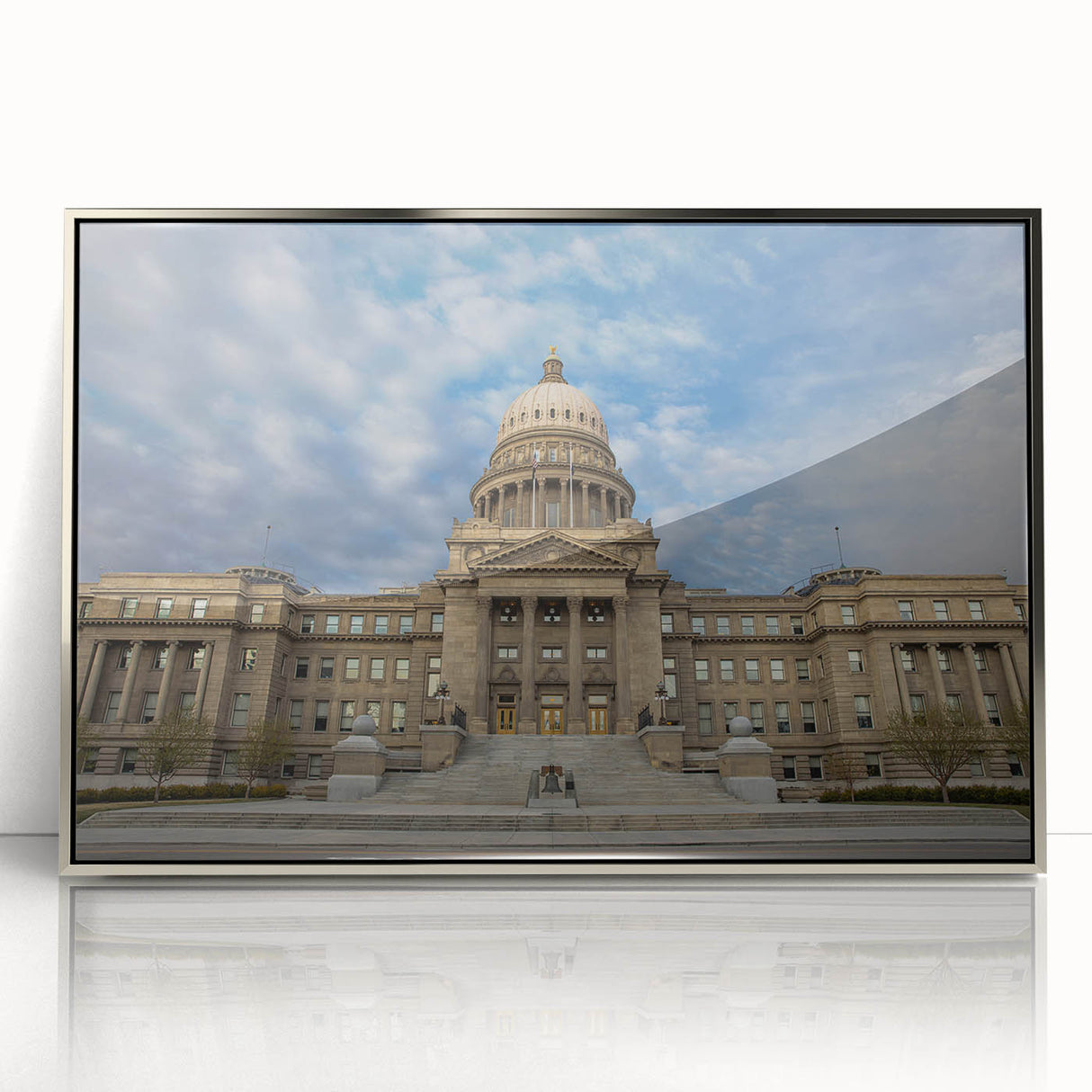 Mid-century modernist art depicting a serene Idaho landscape in muted earth tones.