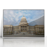 Acrylic print of a serene Idaho landscape in muted earth tones, framed in white, suitable for modern nursery decor.