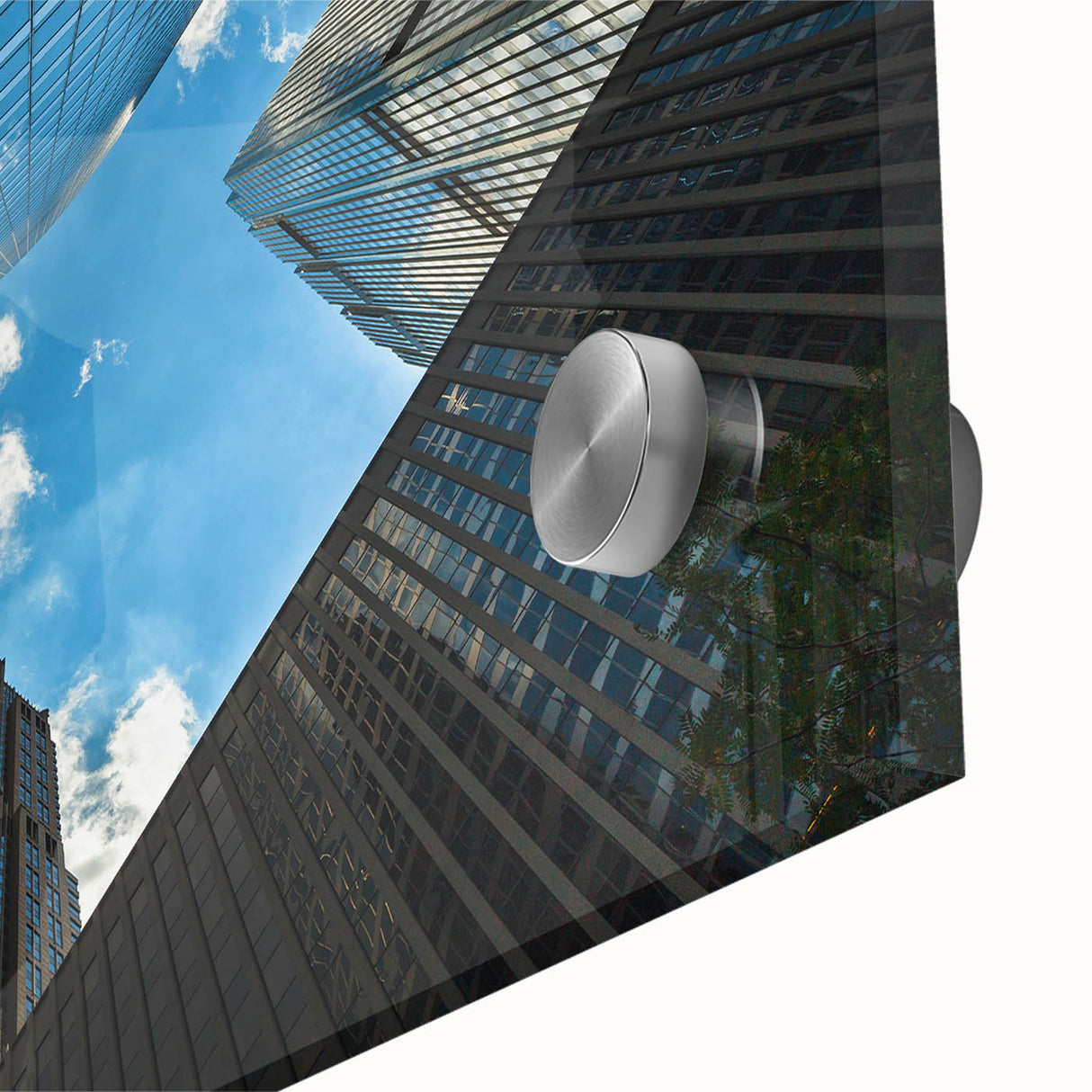 Large abstract depiction of Chicago skyline in muted blue and gray on acrylic glass, ideal for dining room art.