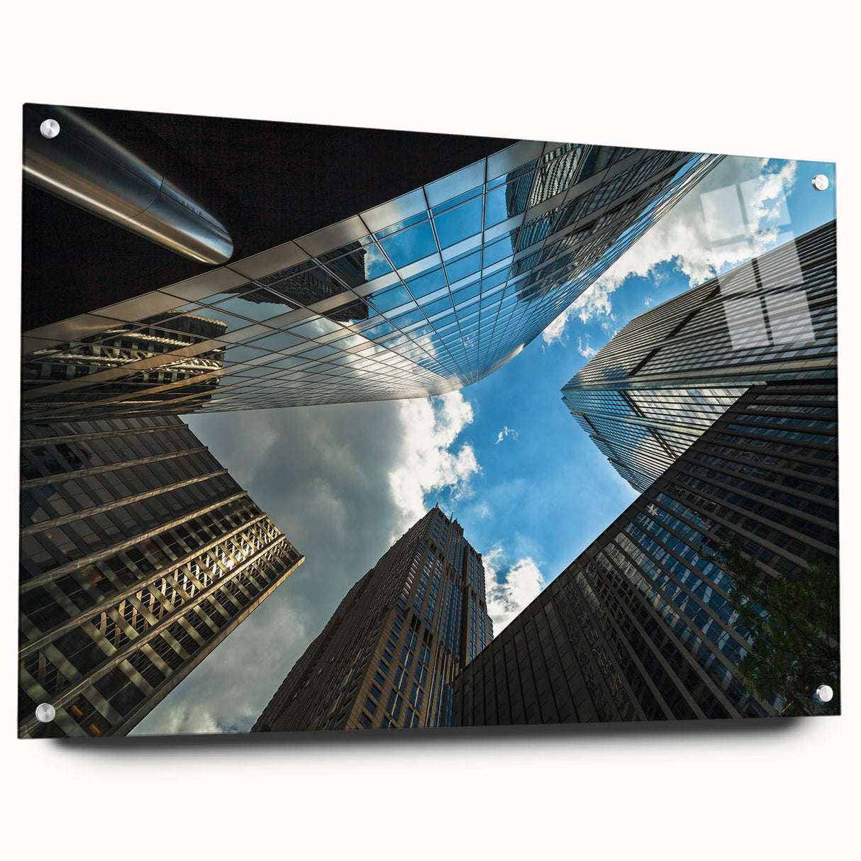 Acrylic print of a large abstract depiction of the Chicago skyline in cool blue and gray tones.