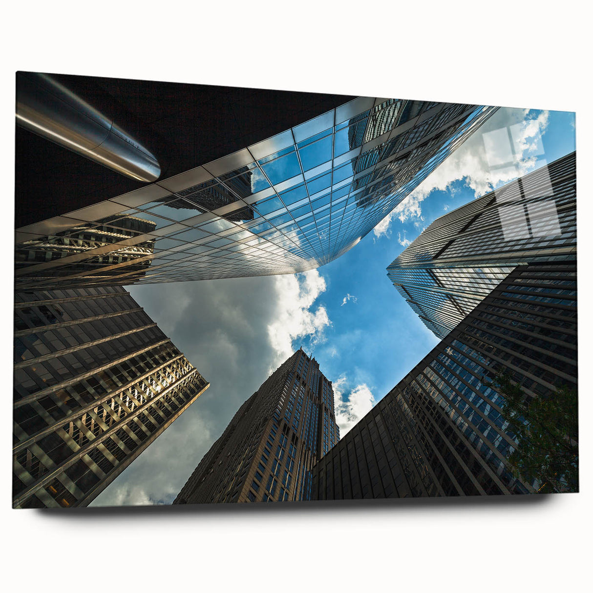 Large abstract wall art of Chicago skyline in muted gray on acrylic glass, ideal for bedroom or dining room decor.