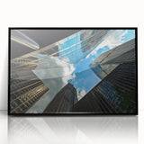Framed acrylic print of a large abstract wall art depicting Chicago's skyline in muted black and gray tones.