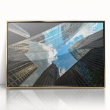 Acrylic print of Chicago skyline in gold and blue tones, framed, ideal for modern art wall decor.