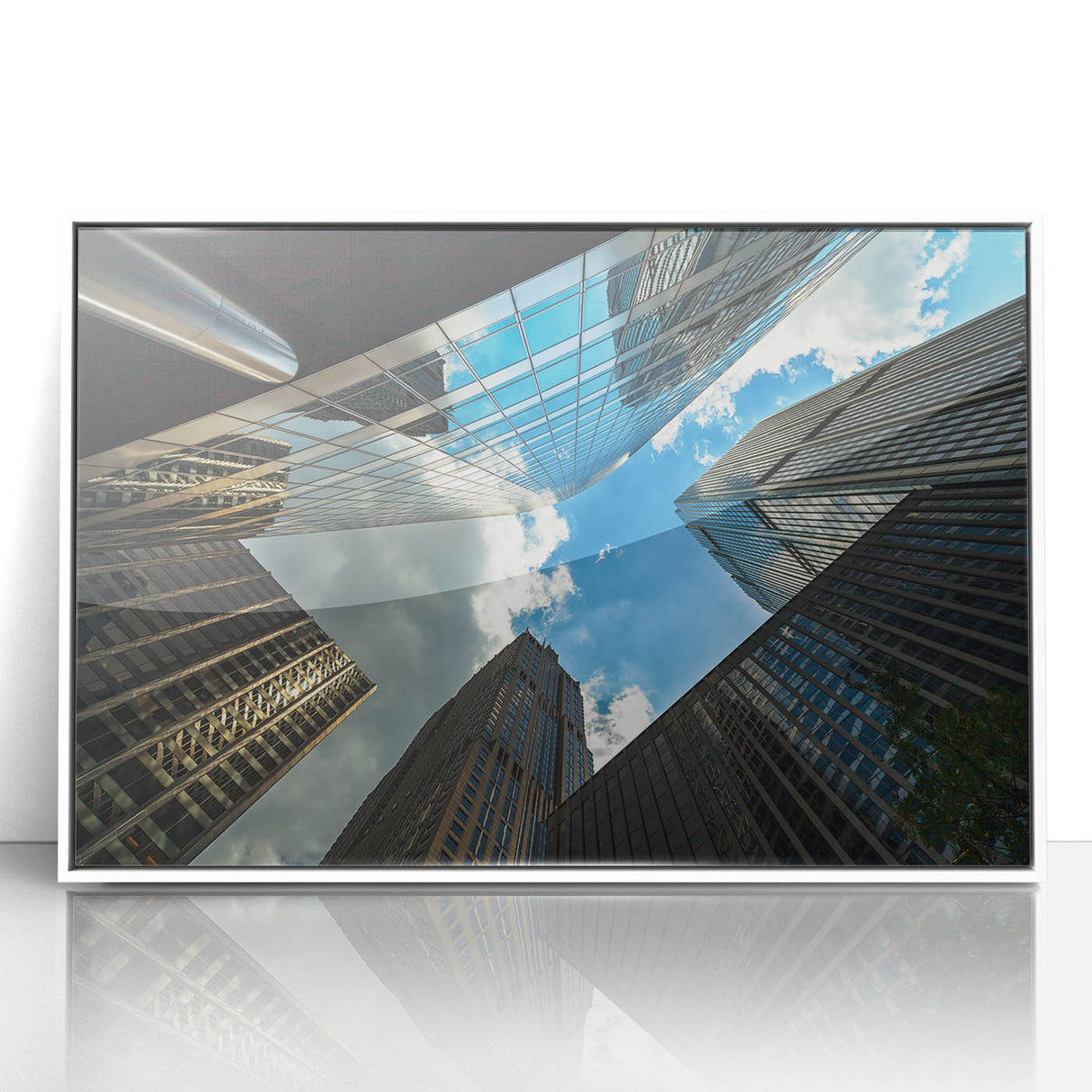 Art deco poster of Chicago skyline in monochrome tones on framed acrylic, suitable for modern art wall decor.