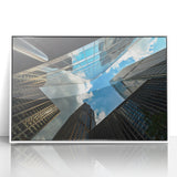 Art deco poster of Chicago skyline in monochrome tones on framed acrylic, suitable for modern art wall decor.