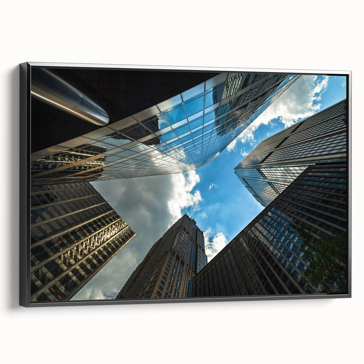 Black and white framed canvas of Chicago skyline, ideal for bedroom wall art.