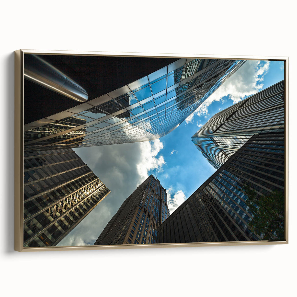 Framed canvas featuring a vintage-style landscape painting of the Chicago skyline in black and gold tones.
