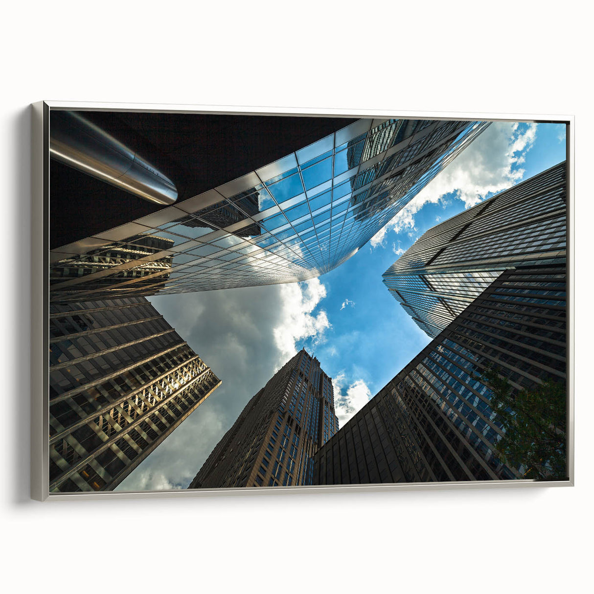 Landscape art painting of Chicago skyline in colorful hues on a framed canvas, ideal for office wall decor.