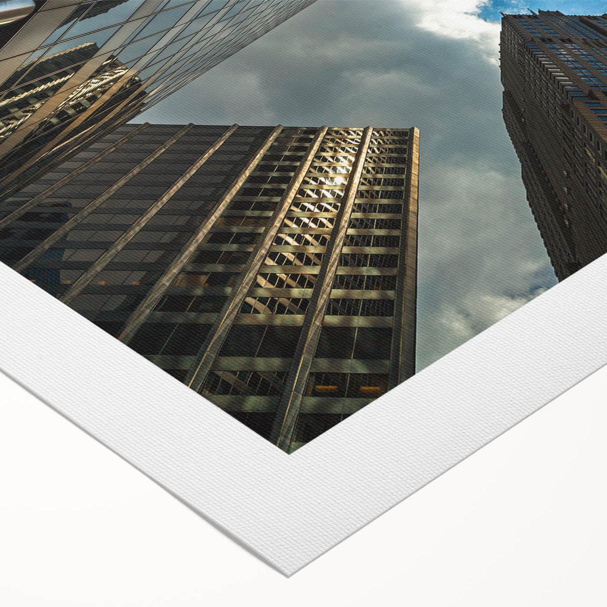 Art deco poster of Chicago skyline in muted blue and gray, rolled canvas, suitable for dining room wall art.