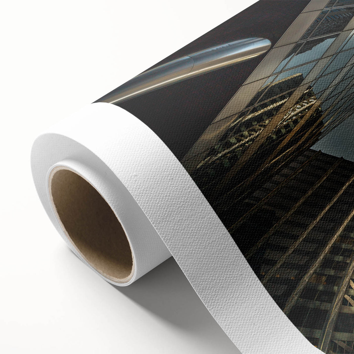 Art Deco style poster of Chicago skyline in muted blue and gray tones, rolled canvas, ideal for nursery wall art.