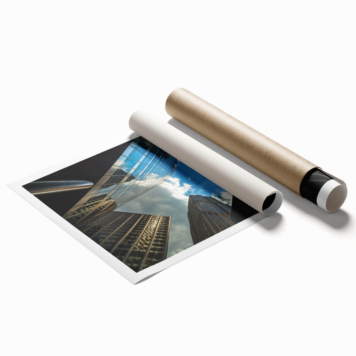 Extra large rolled print of Chicago skyline with muted gray and blue tones, ideal for classy bathroom wall art.
