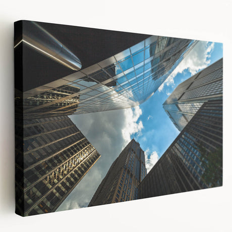 Side view of a stretched canvas featuring a muted color depiction of the Chicago skyline, suitable for kitchen wall art.