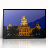 Large abstract wall art of a serene Iowa landscape in muted green and blue tones, framed in black acrylic.