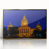 Mid-century modernist acrylic print of a serene Iowa landscape in gold and green tones, ideal for modern art wall decor.