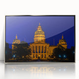 Mid-century modernist art depicting Iowa scenery in muted earth tones on a silver-framed acrylic print.